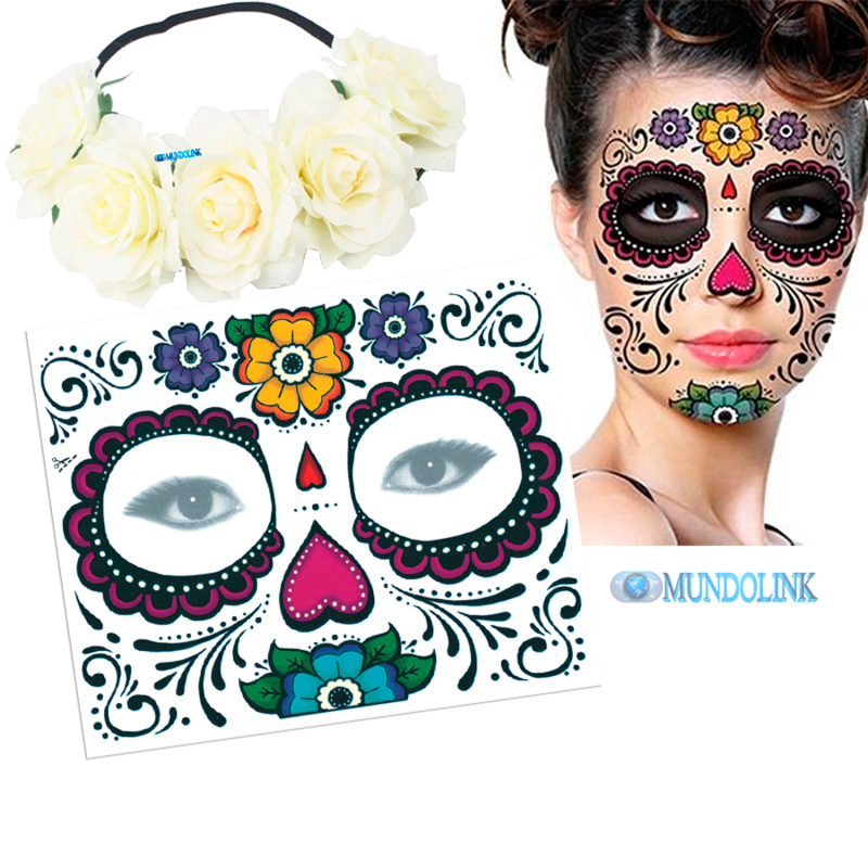Tatuaje Temporal Catrina Halloween Y Corona Flores Tiara Rosas